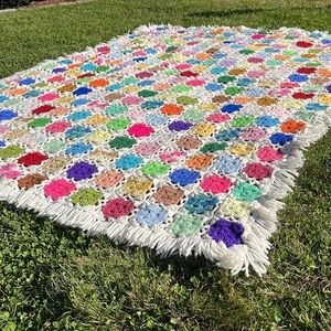 Vintage 1980s Colorful Handmade Granny Square Afghan‎ Blanket with Fringe 80x58